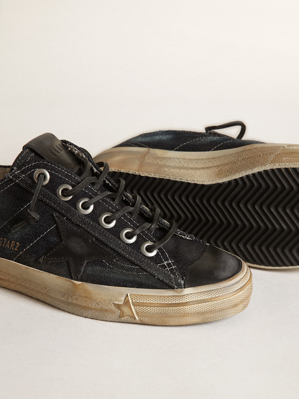 V-Star in midnight-blue denim with black leather star and toe - Golden Goose Women