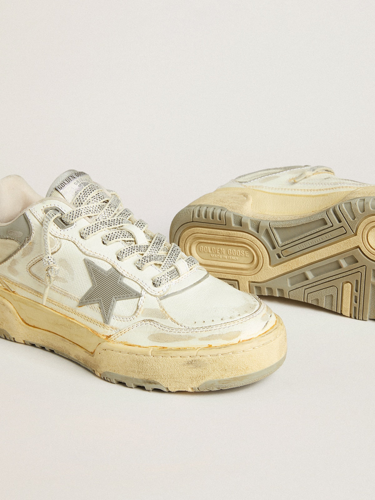 Women’s Forty2 in white leather with laces with Swarovski crystals and gray TPU star - Golden Goose Women