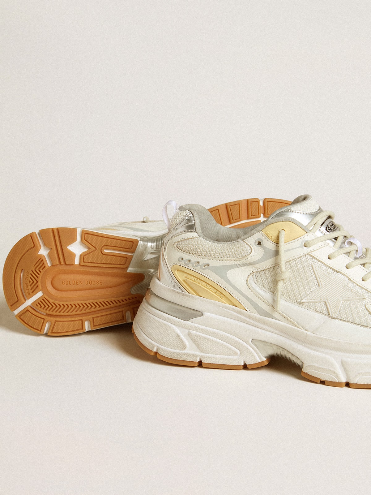 Women’s Lightstar in white leather and mesh with worn-white star - Golden Goose Women