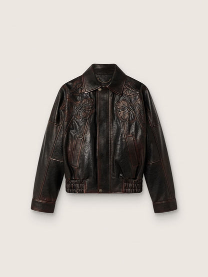 Women's bomber jacket in dark burgundy nappa leather with floral embroidery - Golden Goose Women