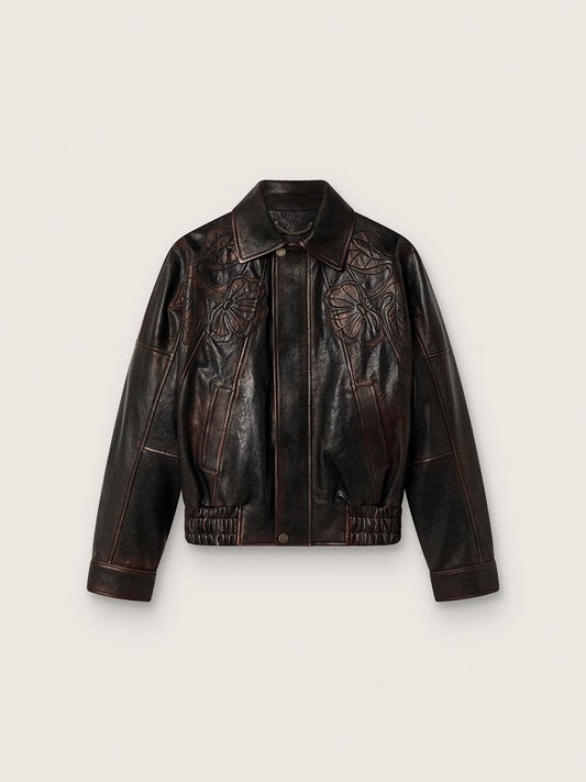 Women's bomber jacket in dark burgundy nappa leather with floral embroidery - Golden Goose Women