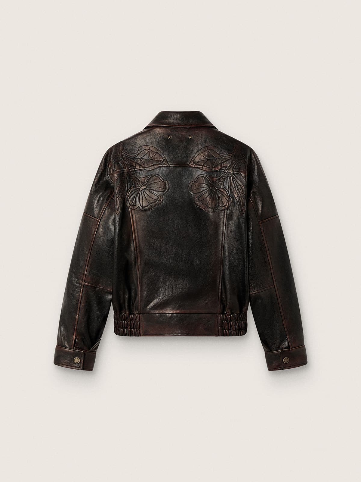 Women's bomber jacket in dark burgundy nappa leather with floral embroidery - Golden Goose Women