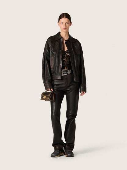 Women's bomber jacket in dark burgundy nappa leather with floral embroidery - Golden Goose Women