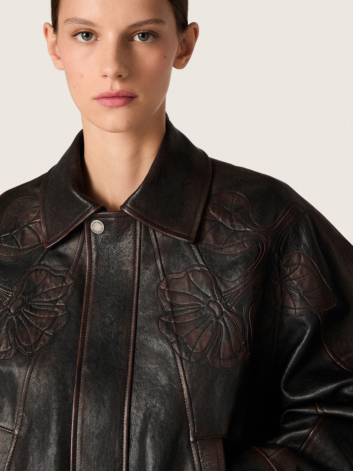 Women's bomber jacket in dark burgundy nappa leather with floral embroidery - Golden Goose Women