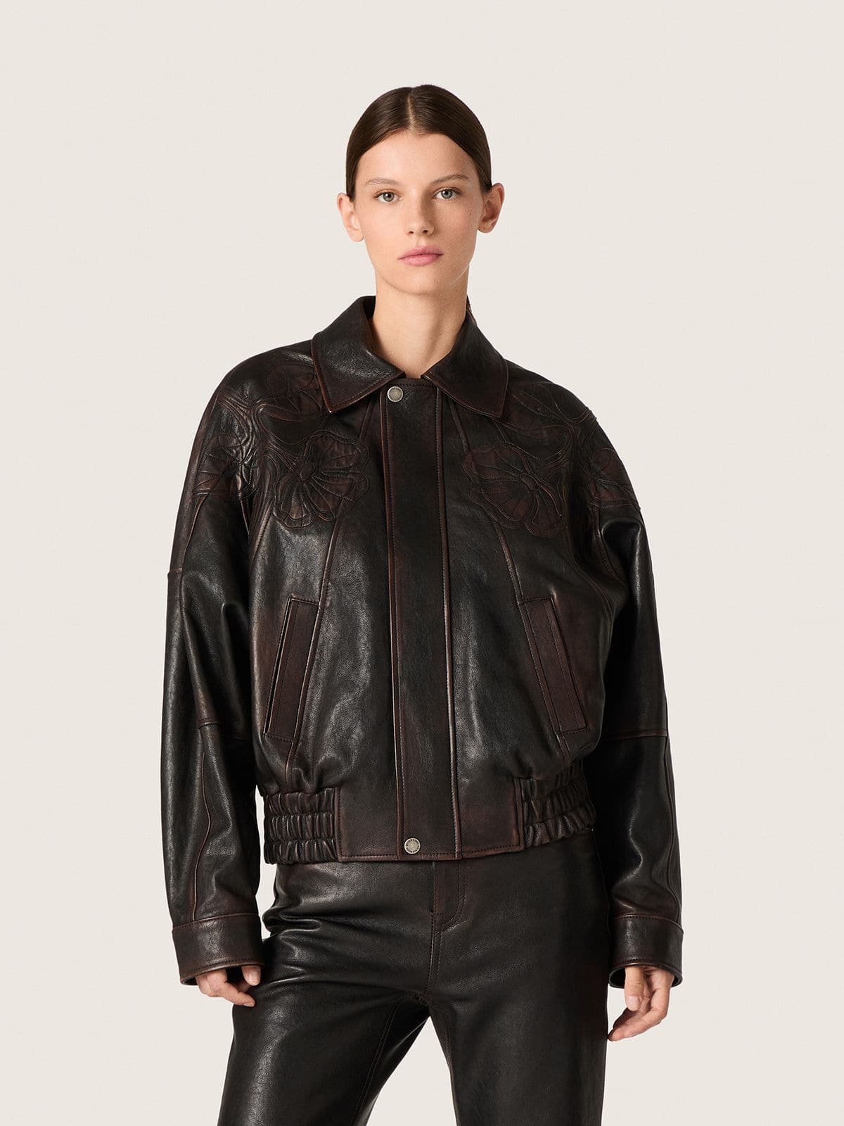 Women's bomber jacket in dark burgundy nappa leather with floral embroidery - Golden Goose Women