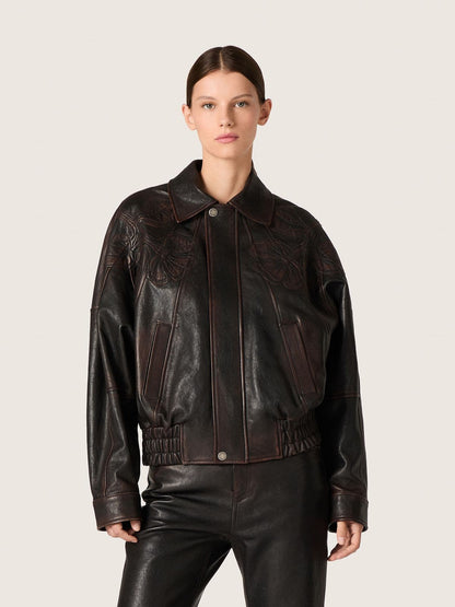 Women's bomber jacket in dark burgundy nappa leather with floral embroidery - Golden Goose Women