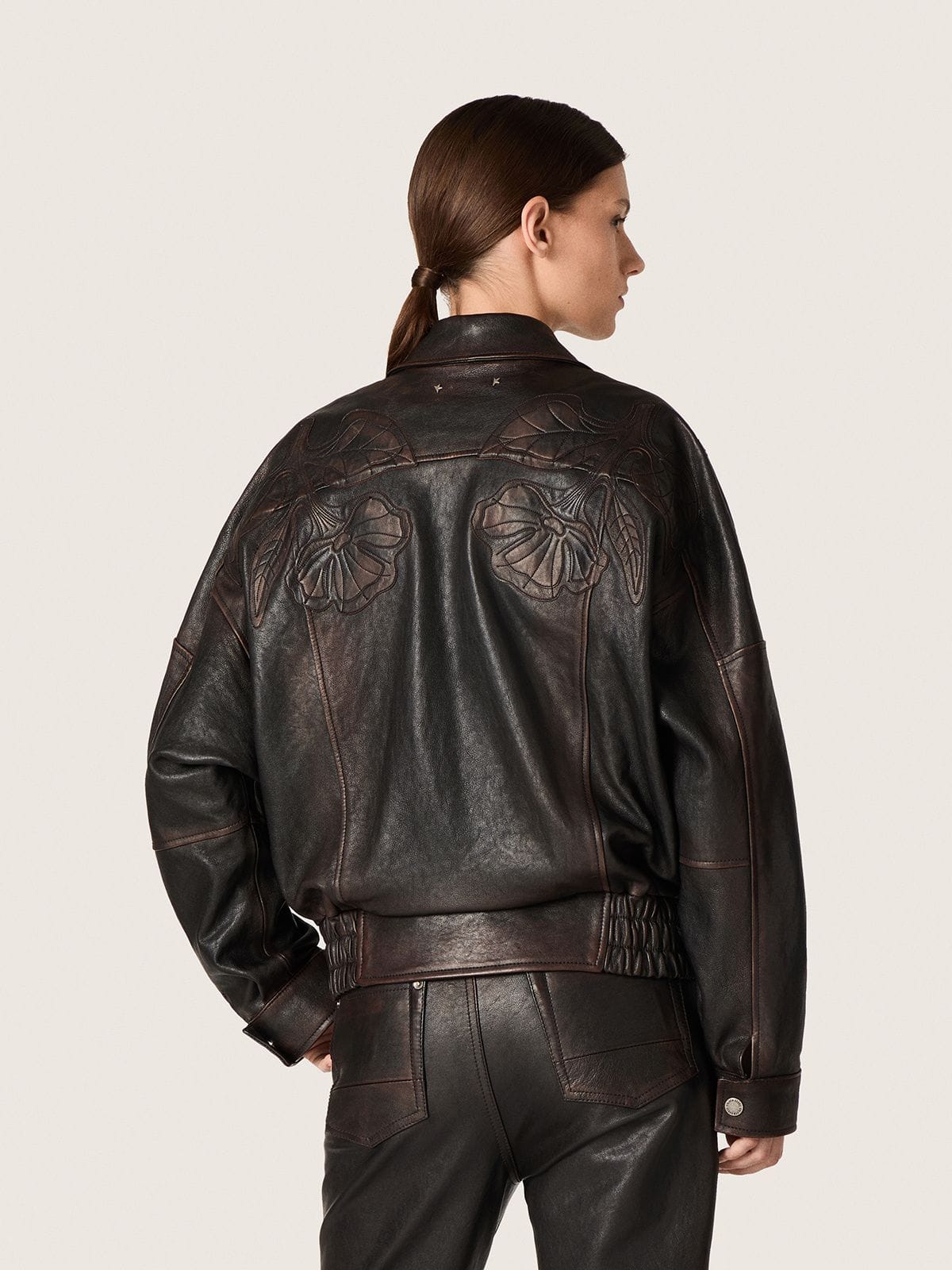 Women's bomber jacket in dark burgundy nappa leather with floral embroidery - Golden Goose Women
