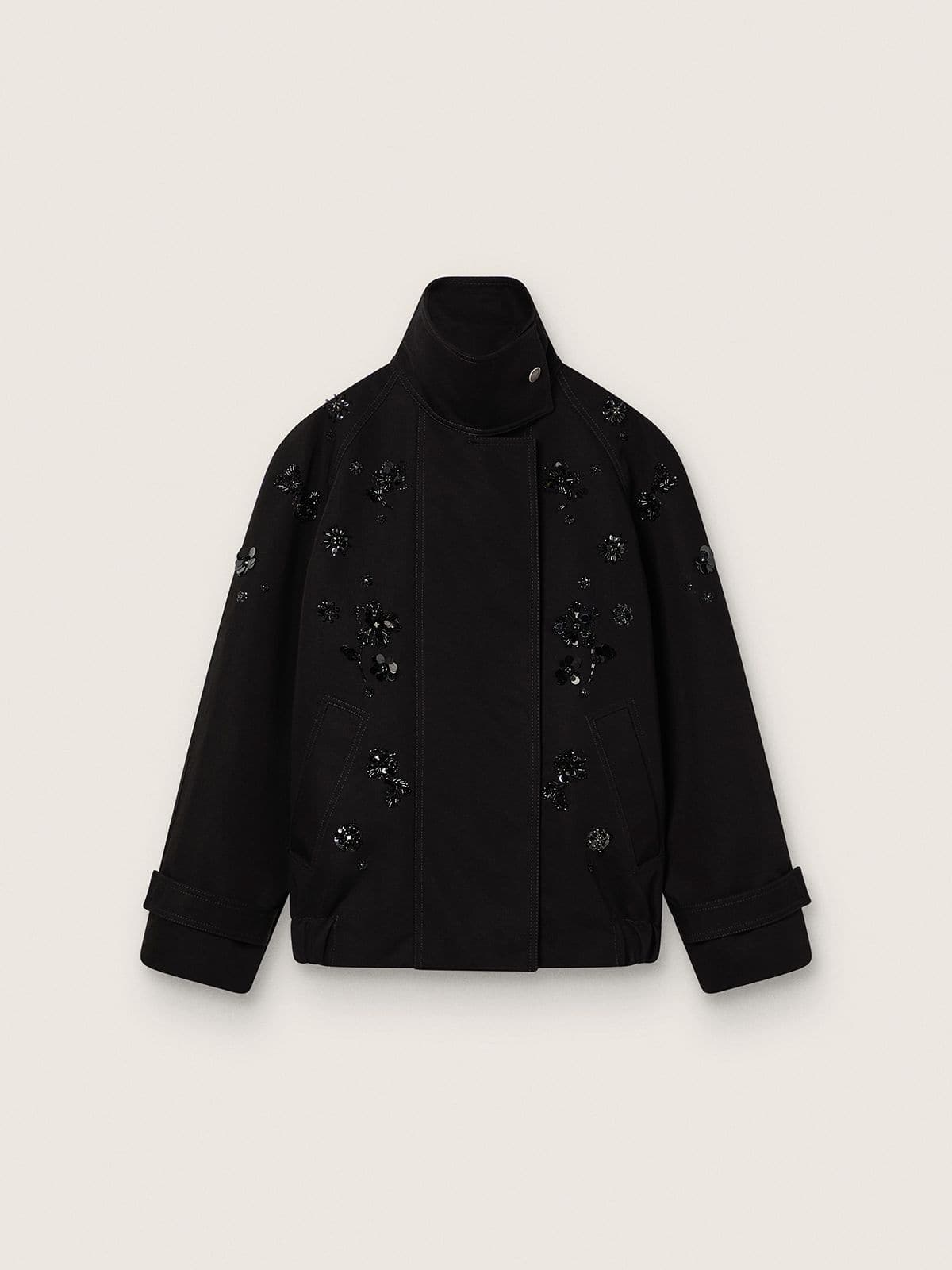 Women’s oversized jacket in black cotton twill with floral sequin embroidery - Golden Goose Women