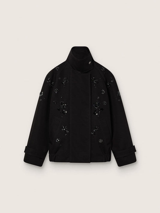 Women’s oversized jacket in black cotton twill with floral sequin embroidery - Golden Goose Women