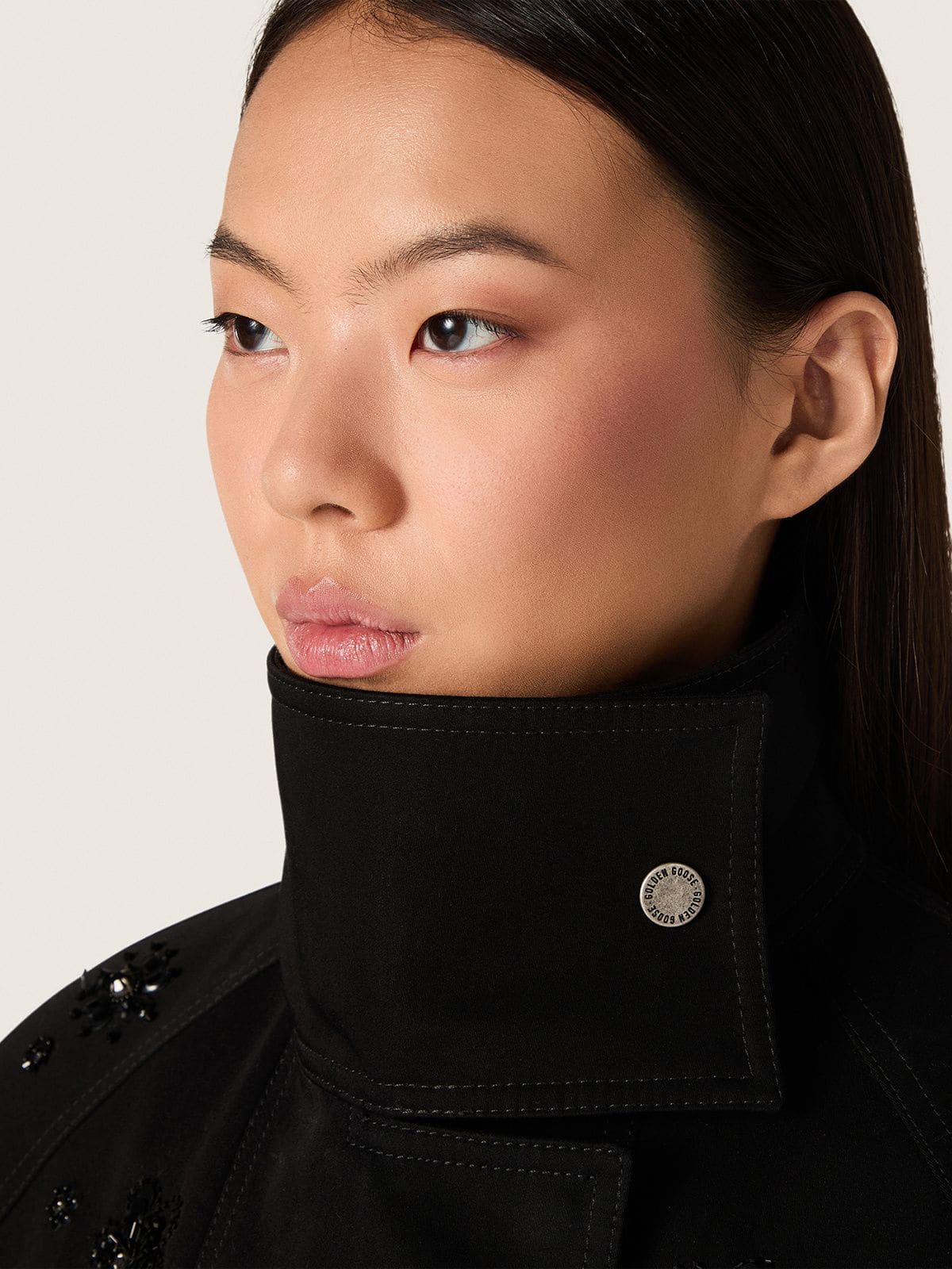 Women’s oversized jacket in black cotton twill with floral sequin embroidery - Golden Goose Women