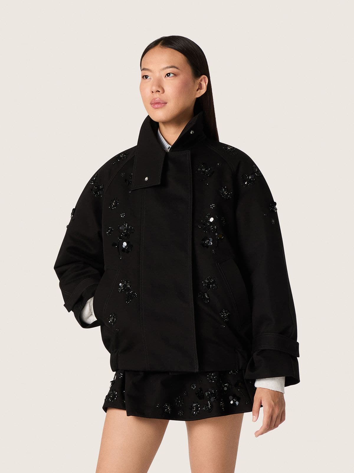 Women’s oversized jacket in black cotton twill with floral sequin embroidery - Golden Goose Women