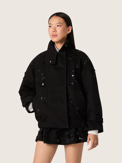 Women’s oversized jacket in black cotton twill with floral sequin embroidery - Golden Goose Women
