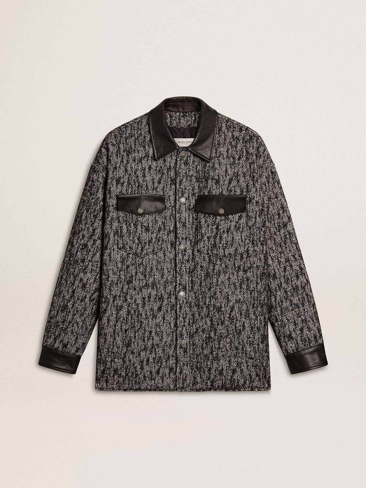 Gray herringbone jacket with black leather details - Golden Goose Women|Men