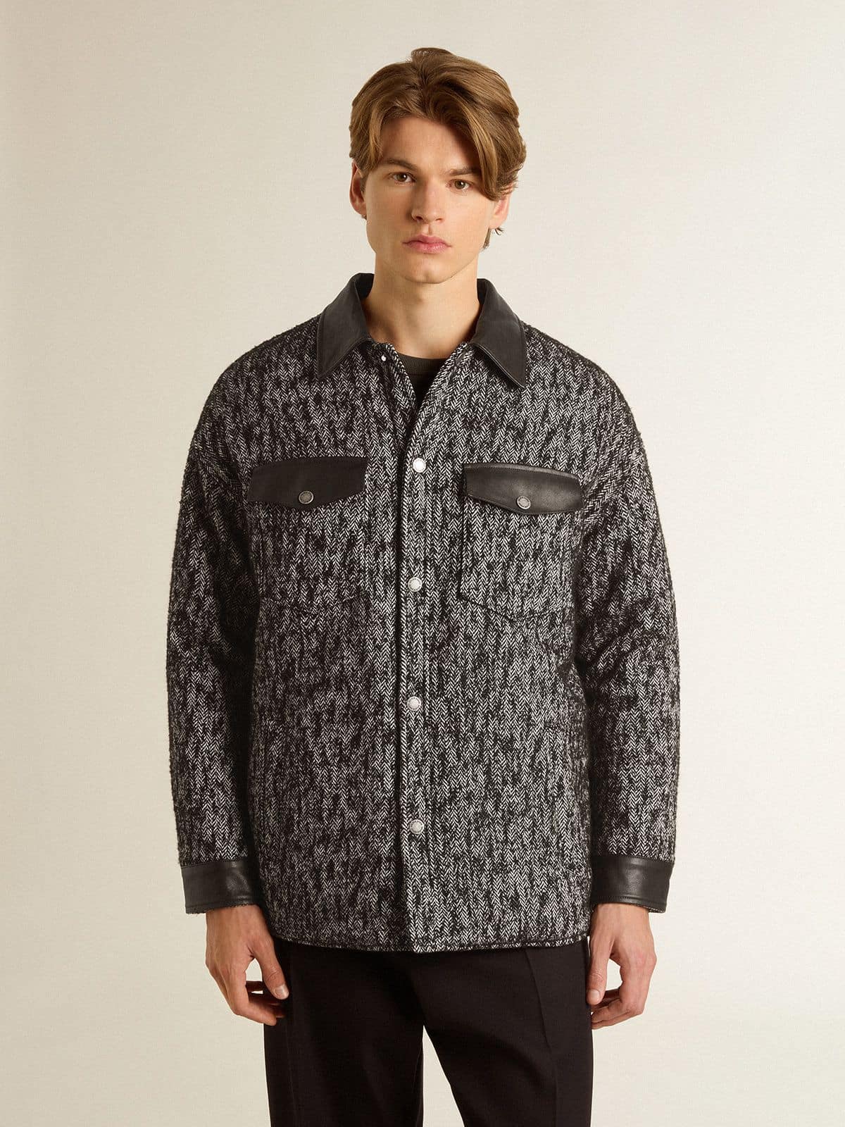 Gray herringbone jacket with black leather details - Golden Goose Women|Men