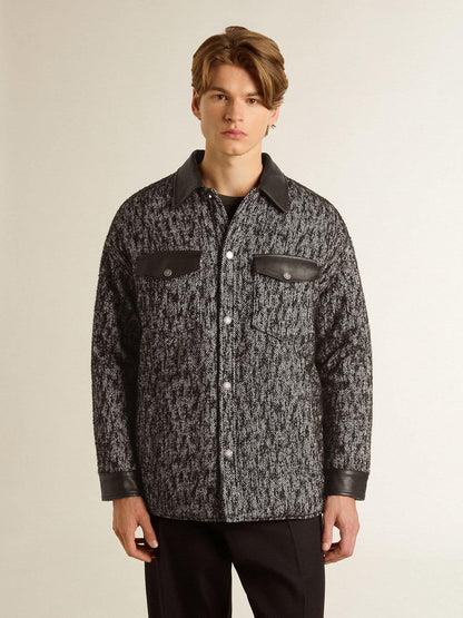 Gray herringbone jacket with black leather details - Golden Goose Women|Men