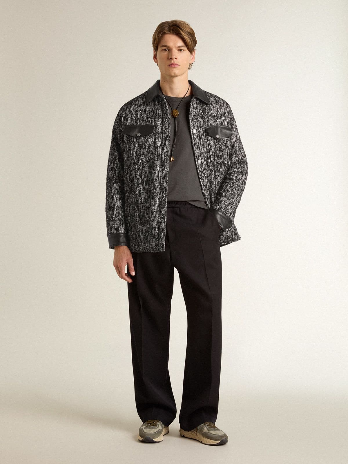Gray herringbone jacket with black leather details - Golden Goose Women|Men