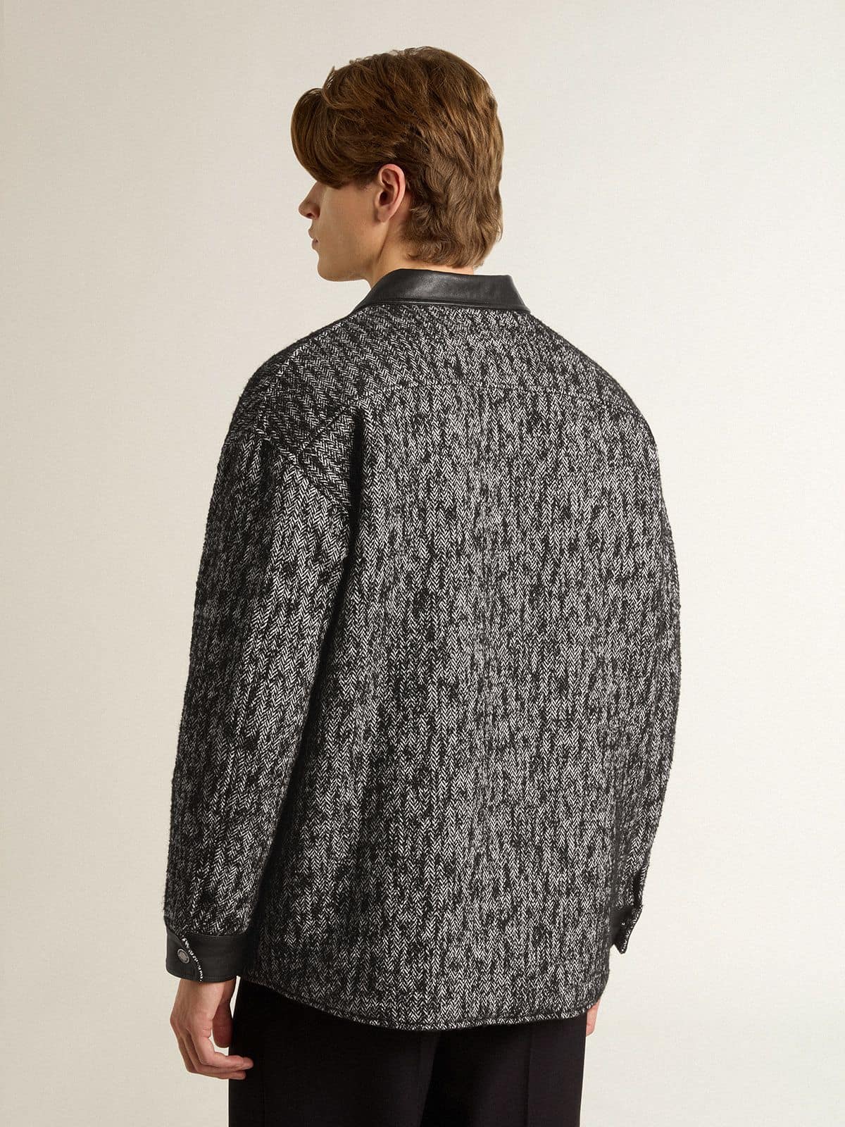 Gray herringbone jacket with black leather details - Golden Goose Women|Men