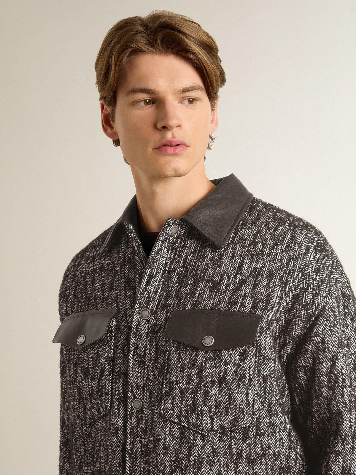 Gray herringbone jacket with black leather details - Golden Goose Women|Men