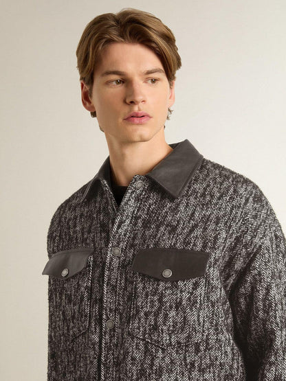 Gray herringbone jacket with black leather details - Golden Goose Women|Men