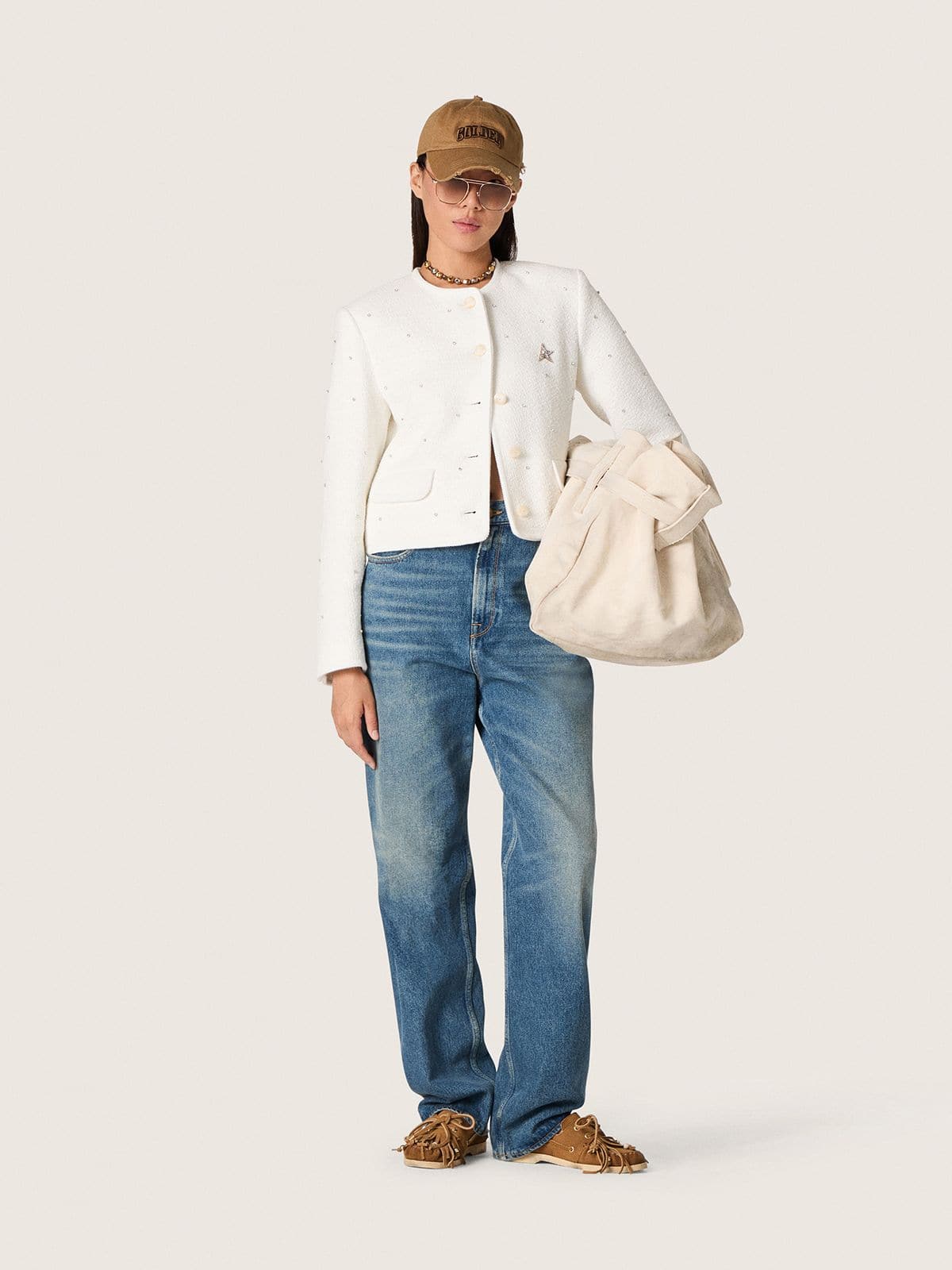 Women’s boxy jacket in bouclé cotton with all-over beads - Golden Goose Women