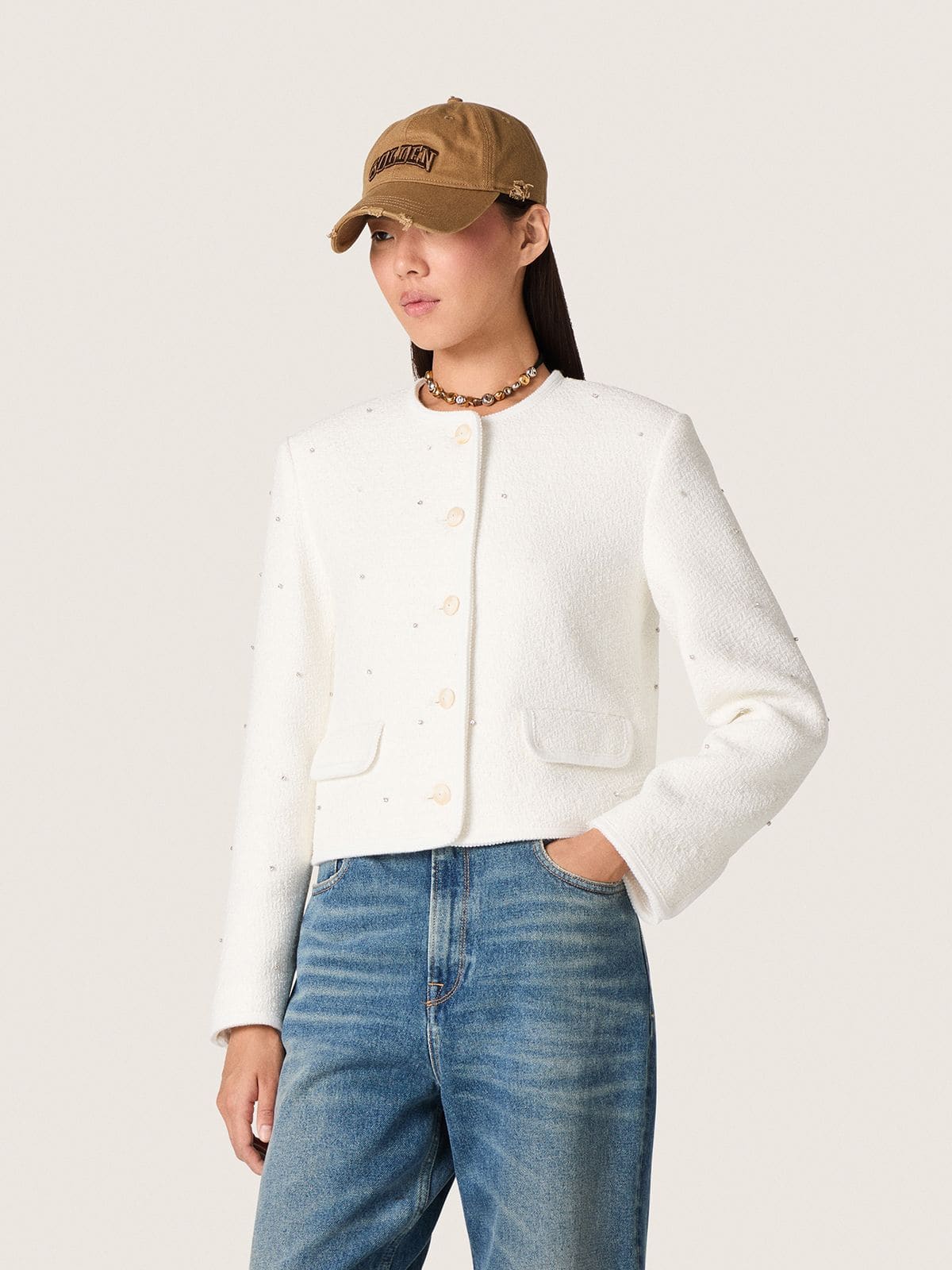 Women’s boxy jacket in bouclé cotton with all-over beads - Golden Goose Women