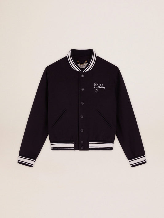 Women's bomber jacket in dark blue wool with white details - Golden Goose Women