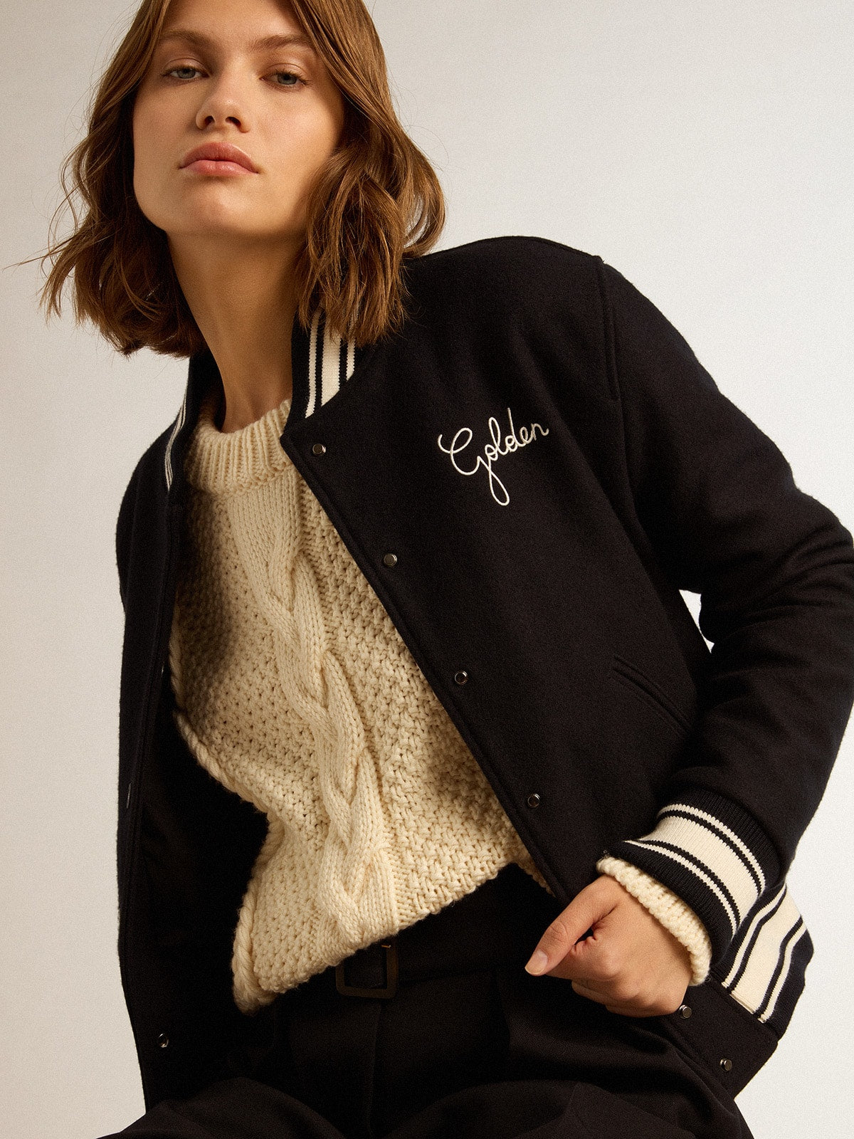 Women's bomber jacket in dark blue wool with white details - Golden Goose Women