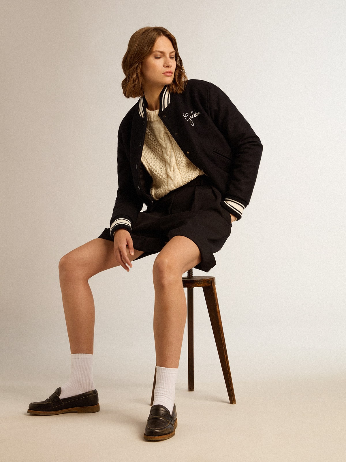 Women's bomber jacket in dark blue wool with white details - Golden Goose Women