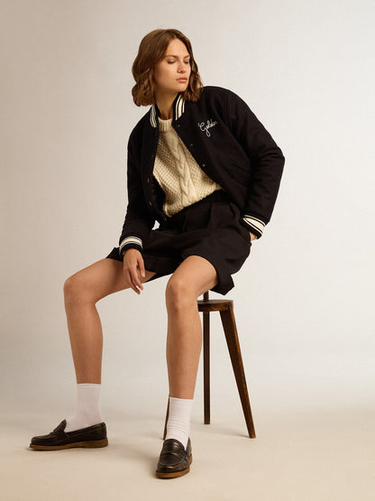 Women's bomber jacket in dark blue wool with white details - Golden Goose Women