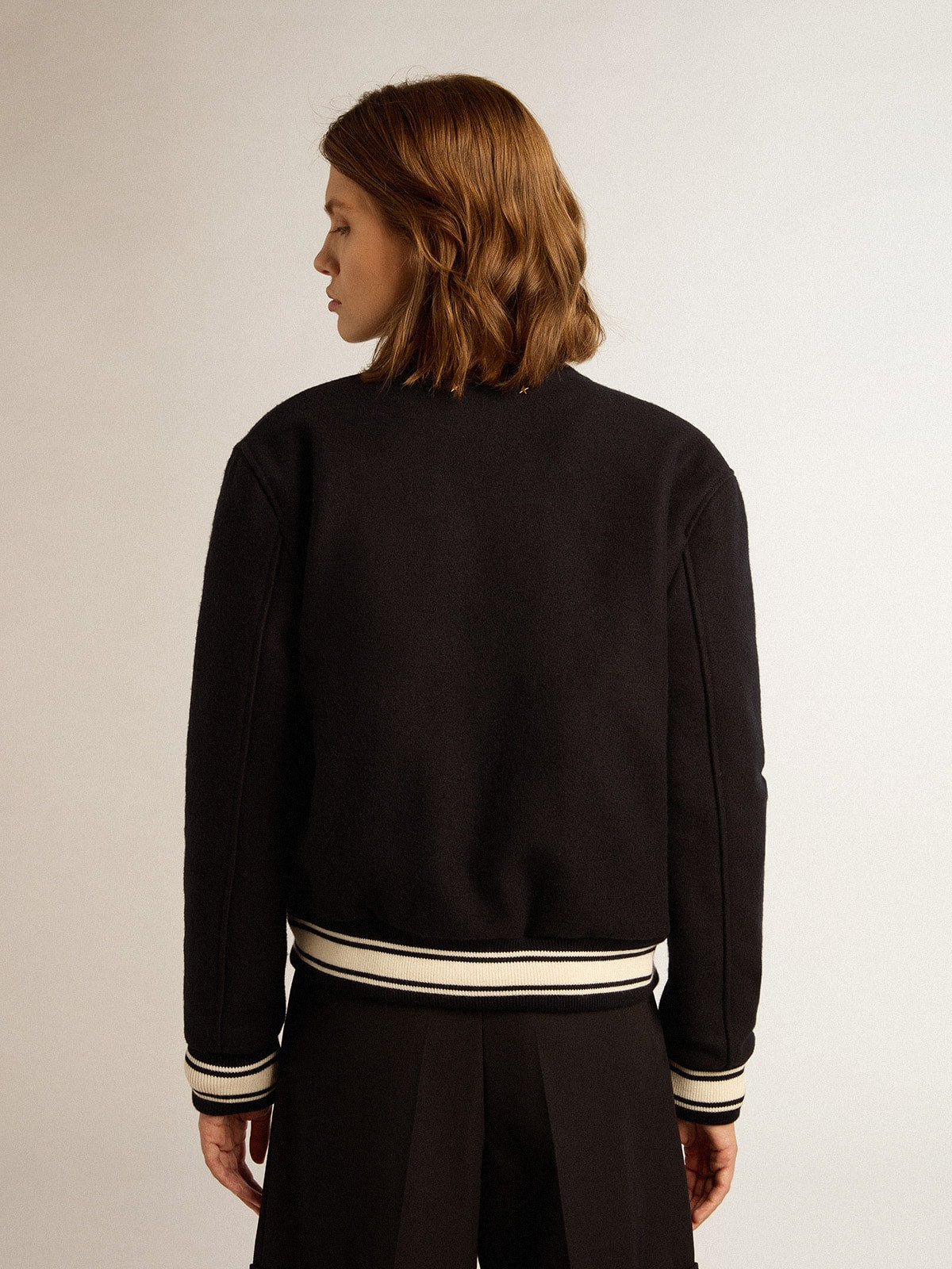 Women's bomber jacket in dark blue wool with white details - Golden Goose Women