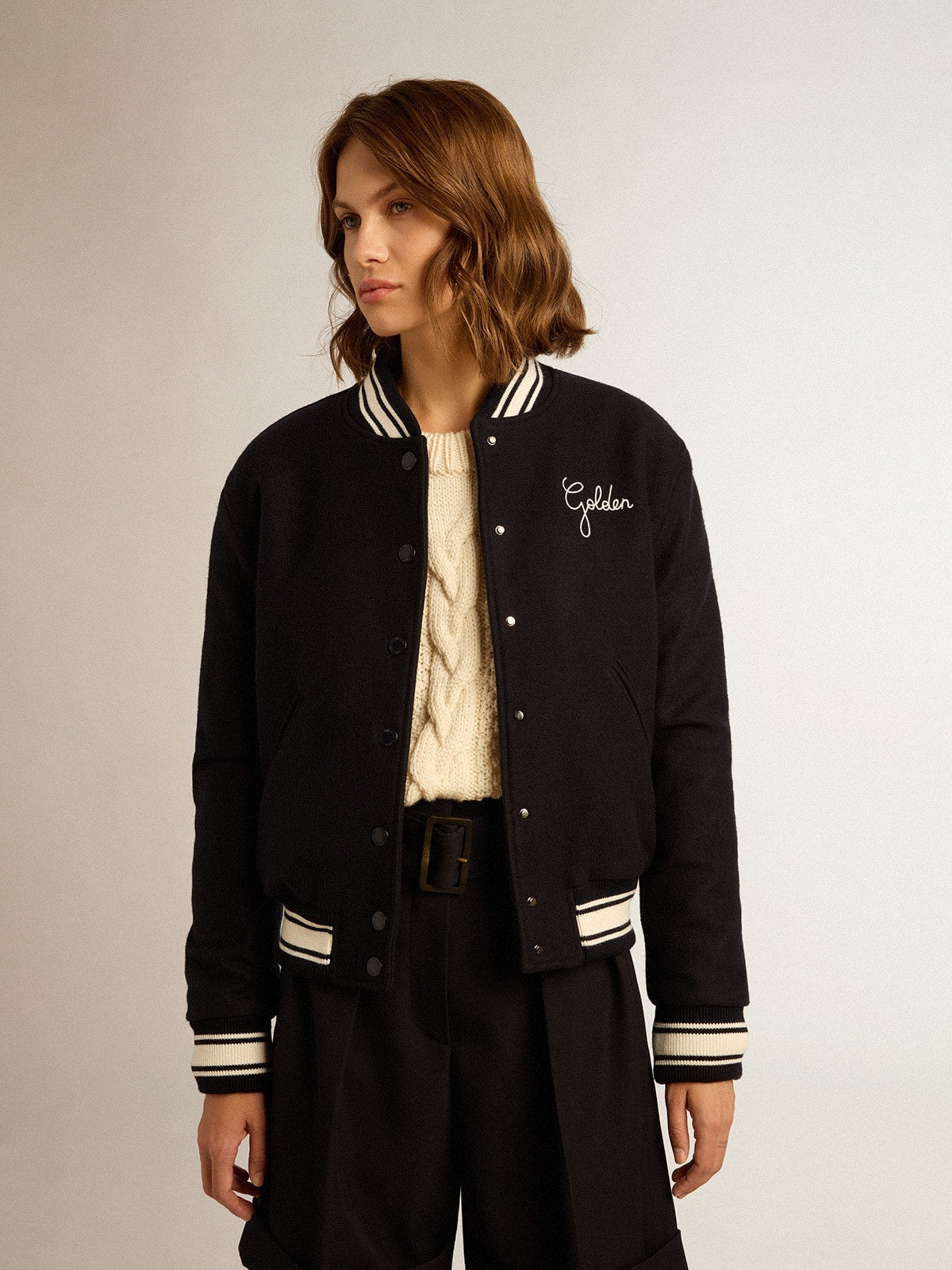 Women's bomber jacket in dark blue wool with white details - Golden Goose Women