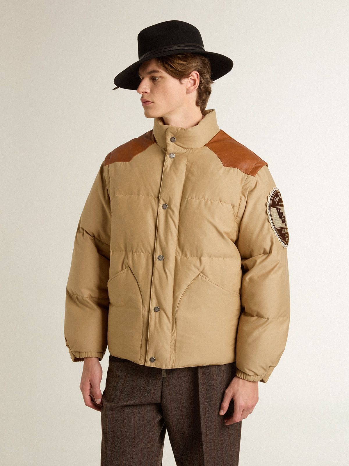 Beige bomber jacket with leather and patch details - Golden Goose Women|Men