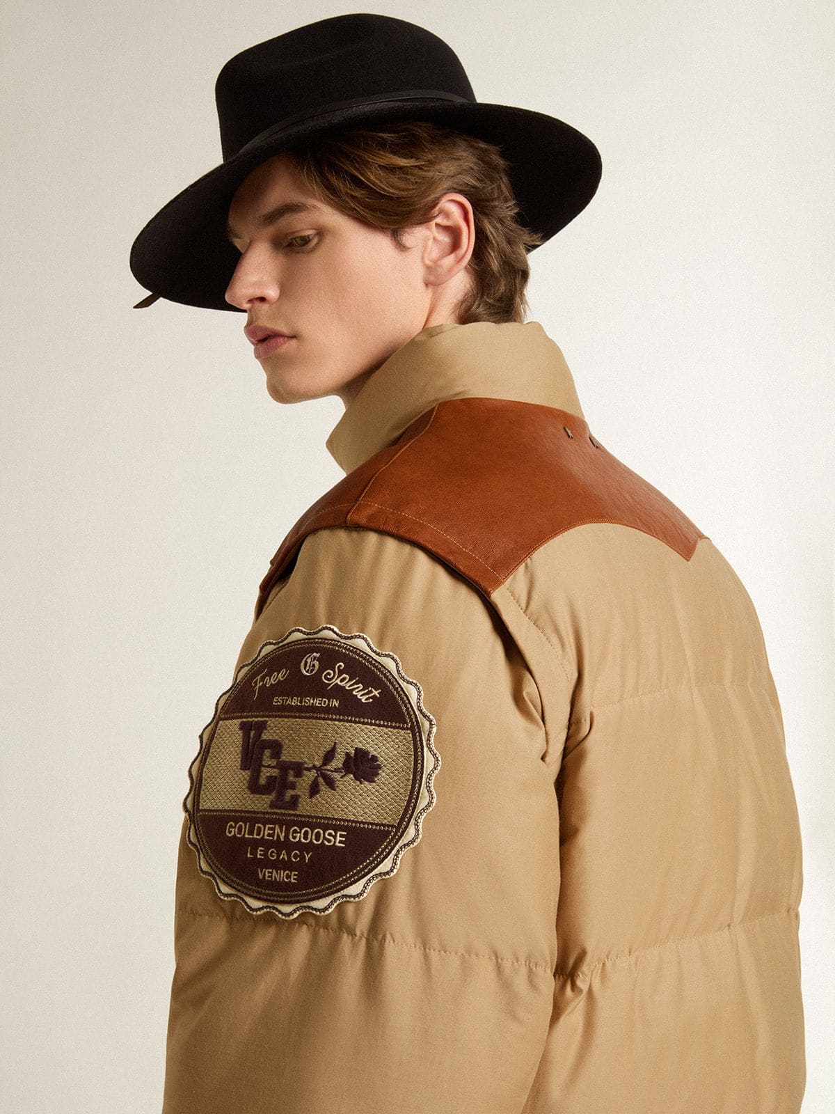 Beige bomber jacket with leather and patch details - Golden Goose Women|Men