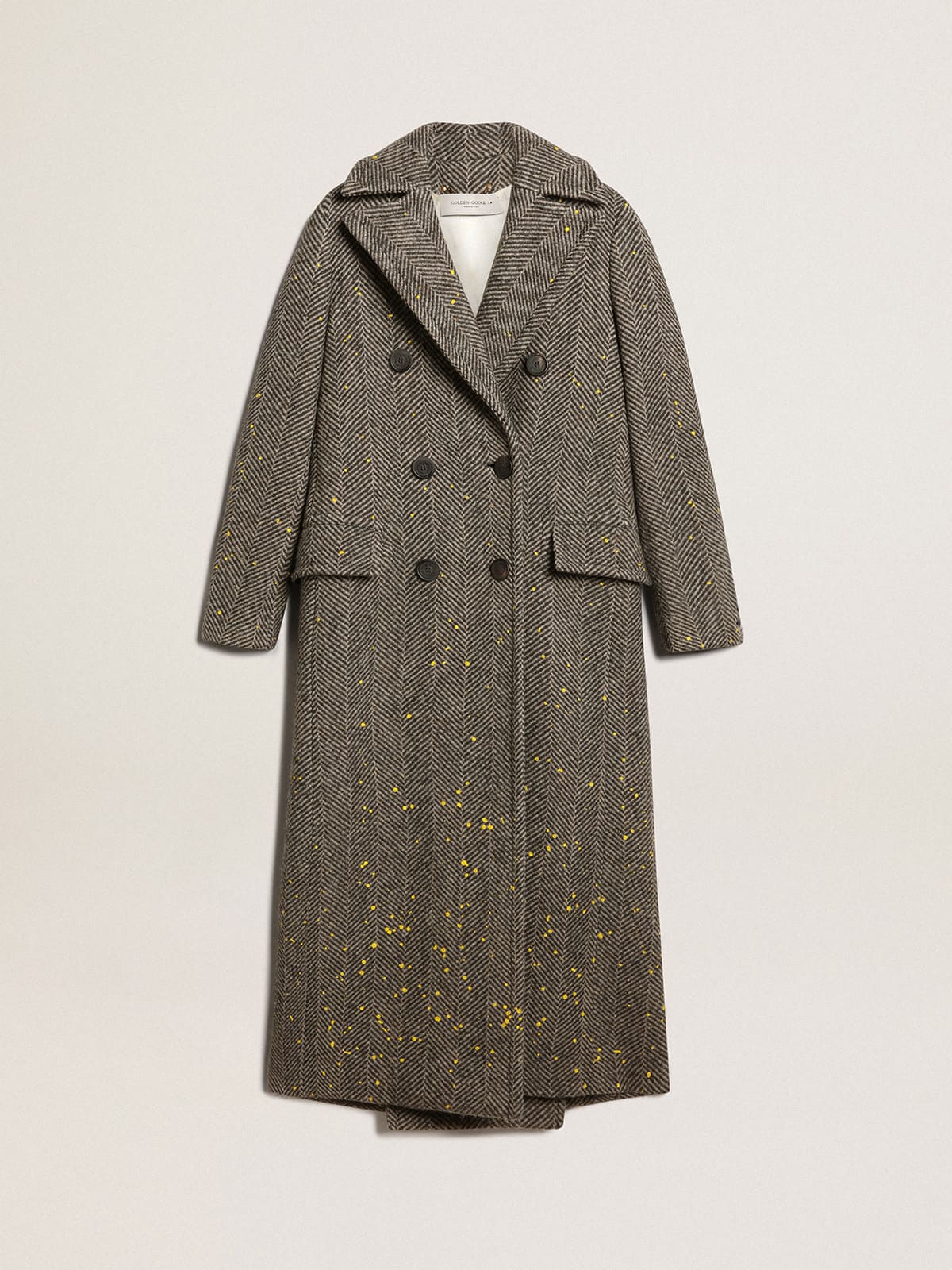 Women's long herringbone coat with yellow details - Golden Goose Women