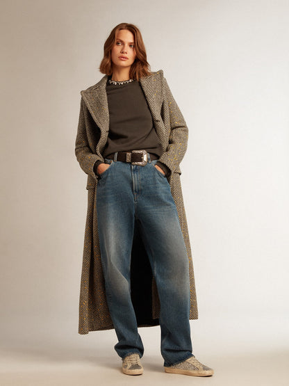 Women's long herringbone coat with yellow details - Golden Goose Women