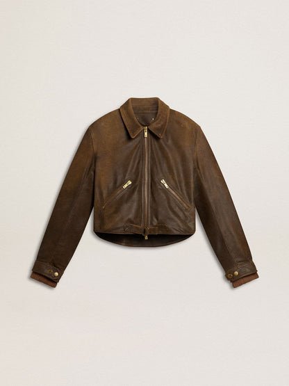 Women’s cropped brown leather biker jacket with zip - Golden Goose Women