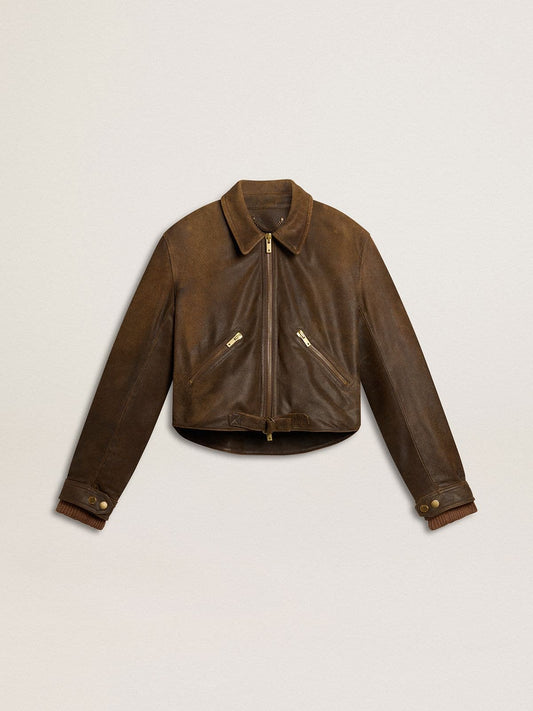 Women’s cropped brown leather biker jacket with zip - Golden Goose Women