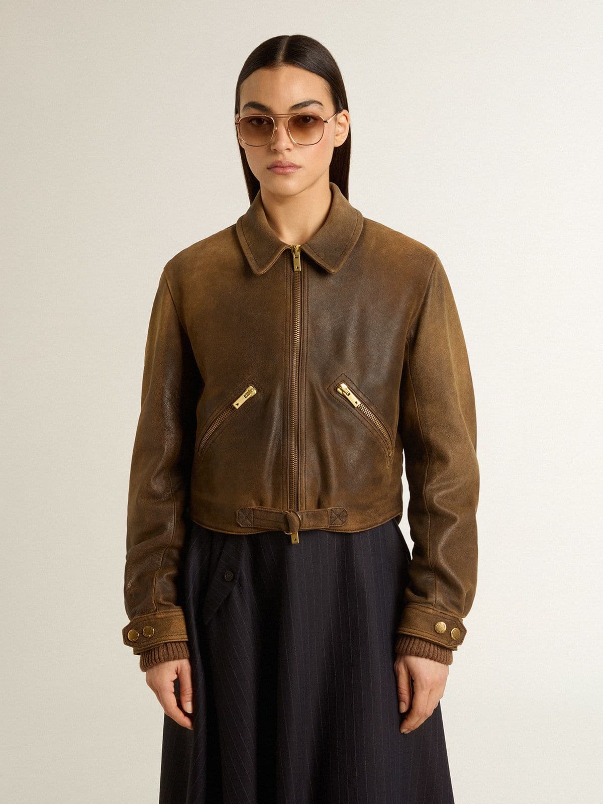 Women’s cropped brown leather biker jacket with zip - Golden Goose Women
