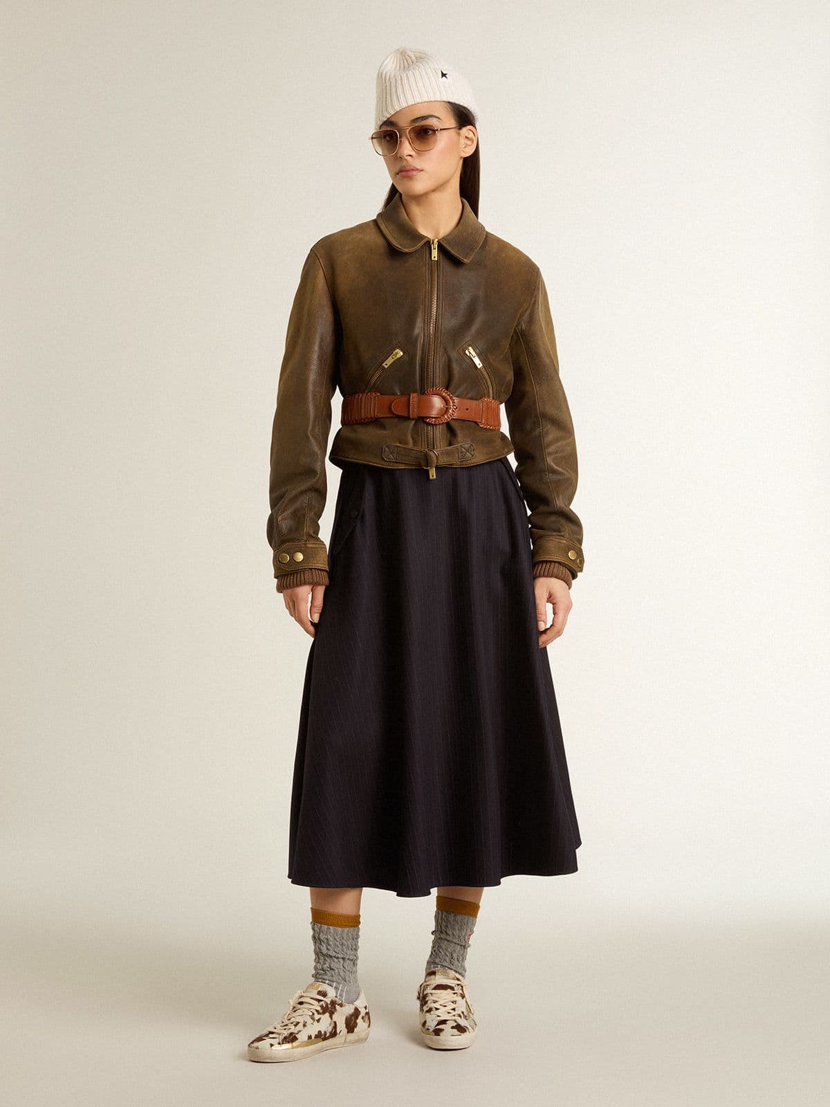 Women’s cropped brown leather biker jacket with zip - Golden Goose Women