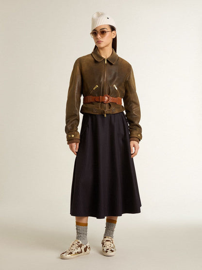 Women’s cropped brown leather biker jacket with zip - Golden Goose Women