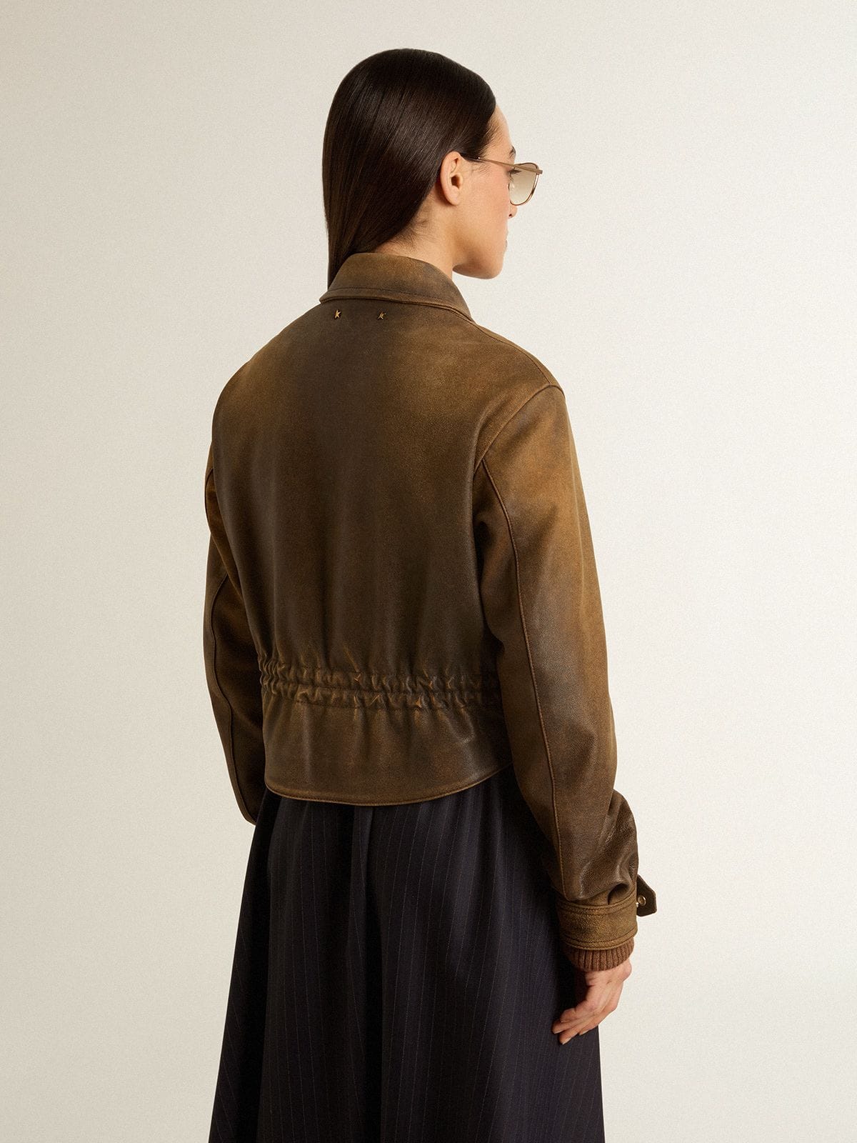Women’s cropped brown leather biker jacket with zip - Golden Goose Women