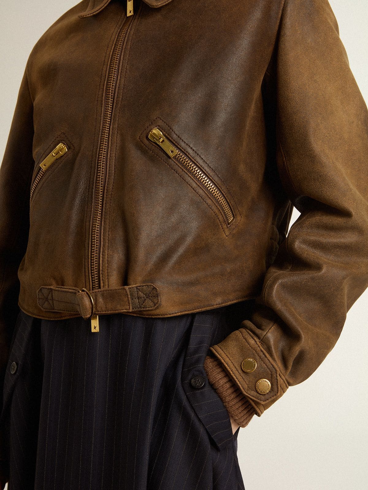 Women’s cropped brown leather biker jacket with zip - Golden Goose Women