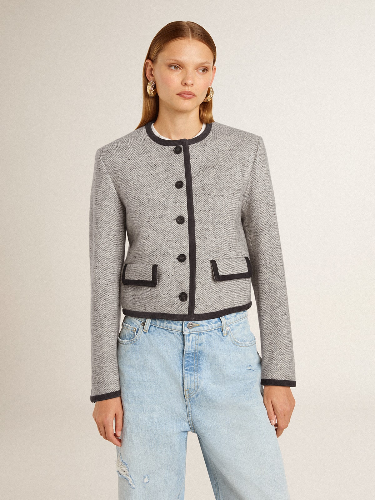 Women's grey wool and silk jacket with black suede trim - Golden Goose Women
