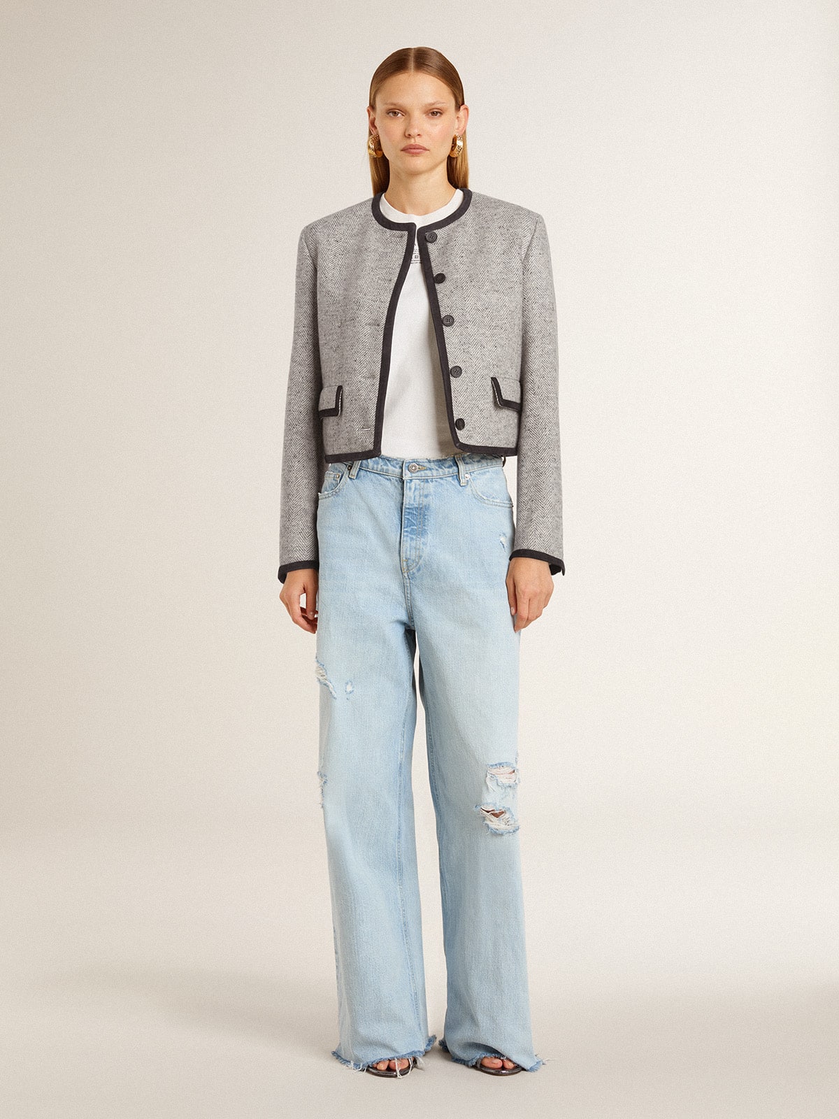 Women's grey wool and silk jacket with black suede trim - Golden Goose Women