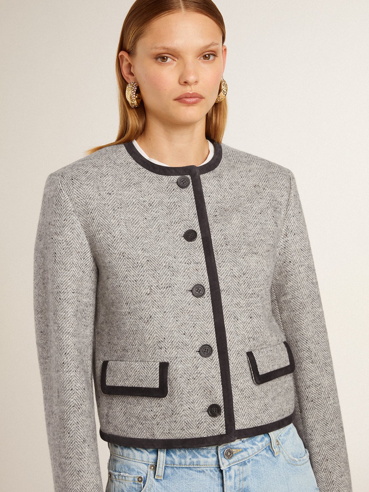 Women's grey wool and silk jacket with black suede trim - Golden Goose Women