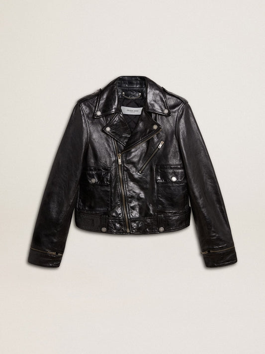 Women’s black leather biker jacket with glossy effect - Golden Goose Women