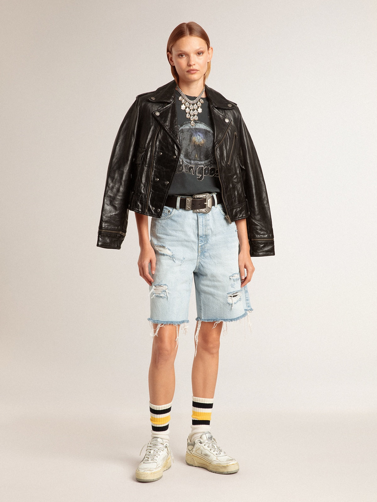 Women’s black leather biker jacket with glossy effect - Golden Goose Women