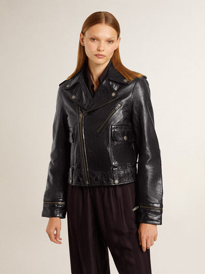 Women’s black leather biker jacket with glossy effect - Golden Goose Women