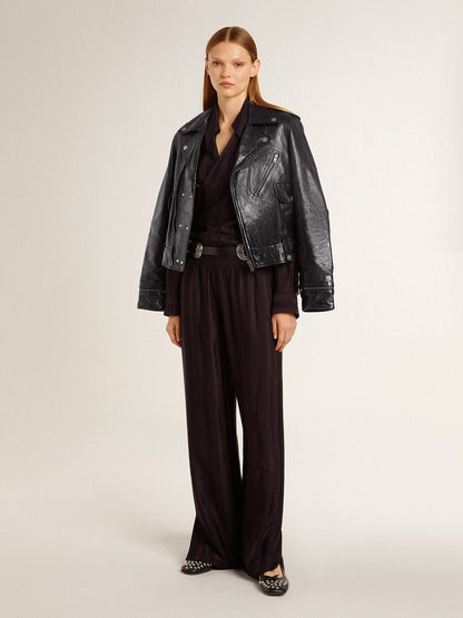 Women’s black leather biker jacket with glossy effect - Golden Goose Women