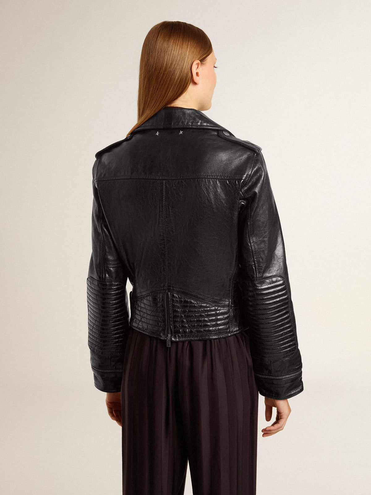 Women’s black leather biker jacket with glossy effect - Golden Goose Women